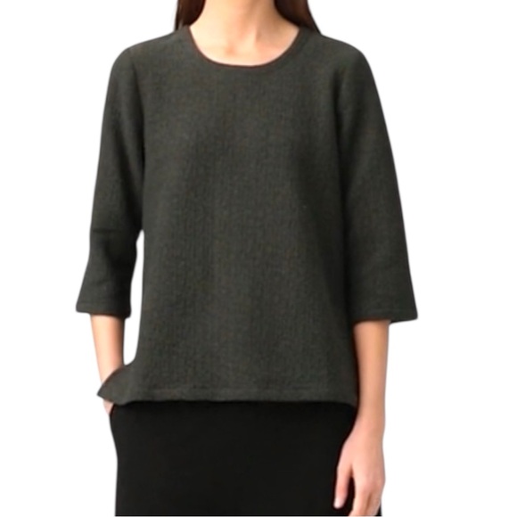 Eileen Fisher Tops - Eileen Fisher Textured Ripple Knit Seaweed Round Neck 3/4 Sleeve Top Medium